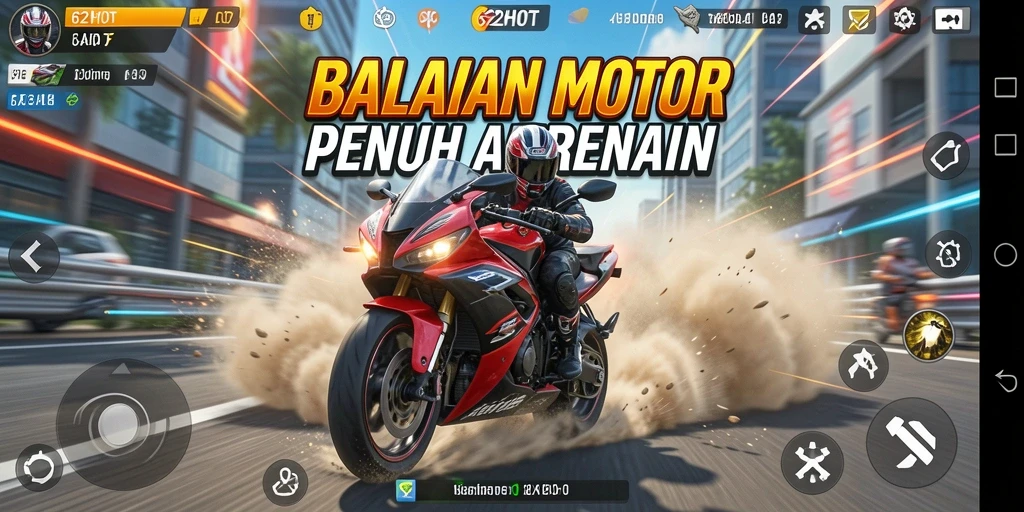 Screenshot gameplay 62HOT menampilkan balapan motor yang intens.