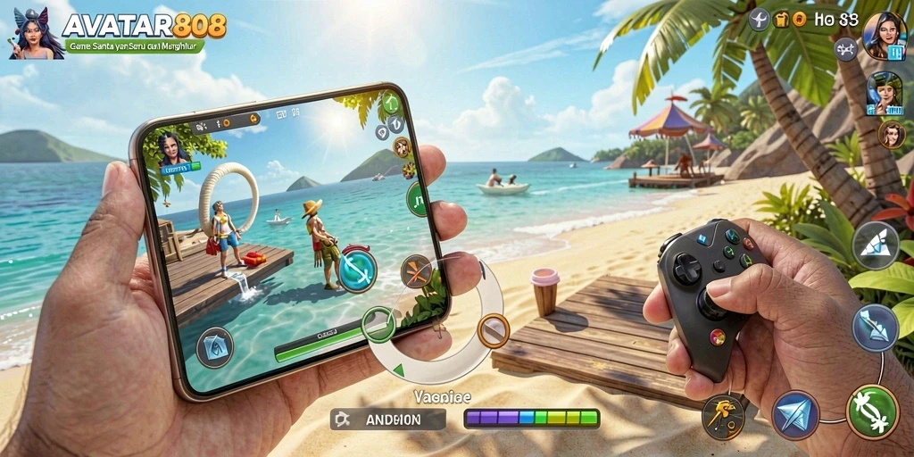 Tampilan gameplay AVATAR808 yang penuh warna dan karakter lucu.