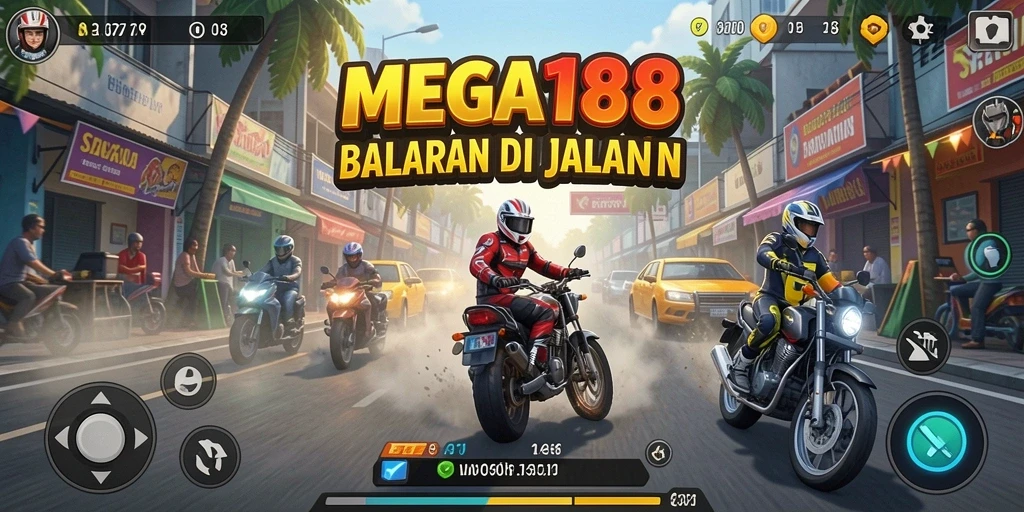 Screenshot gameplay MEGA188 menampilkan balapan mendebarkan di trek kota yang ramai.