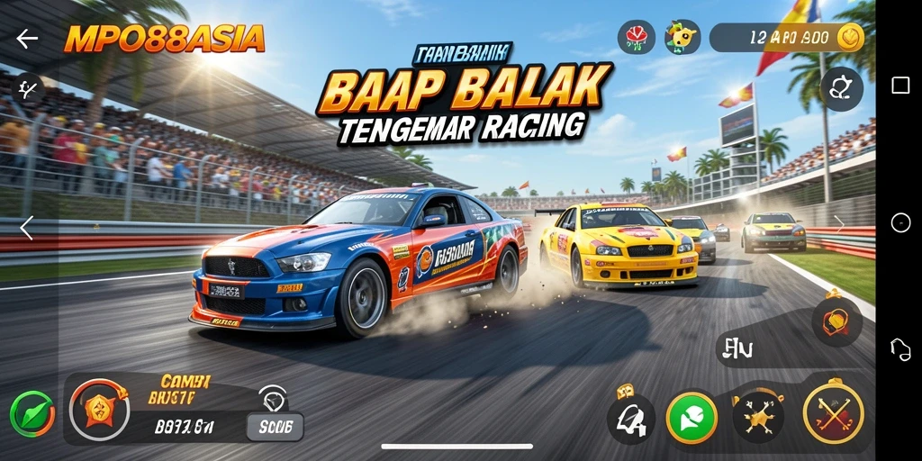 Tampilan gameplay Racing MPO88ASIA dengan mobil balap cepat.