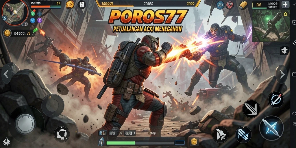 Screenshot POROS77 menampilkan aksi pertempuran yang mendebarkan.