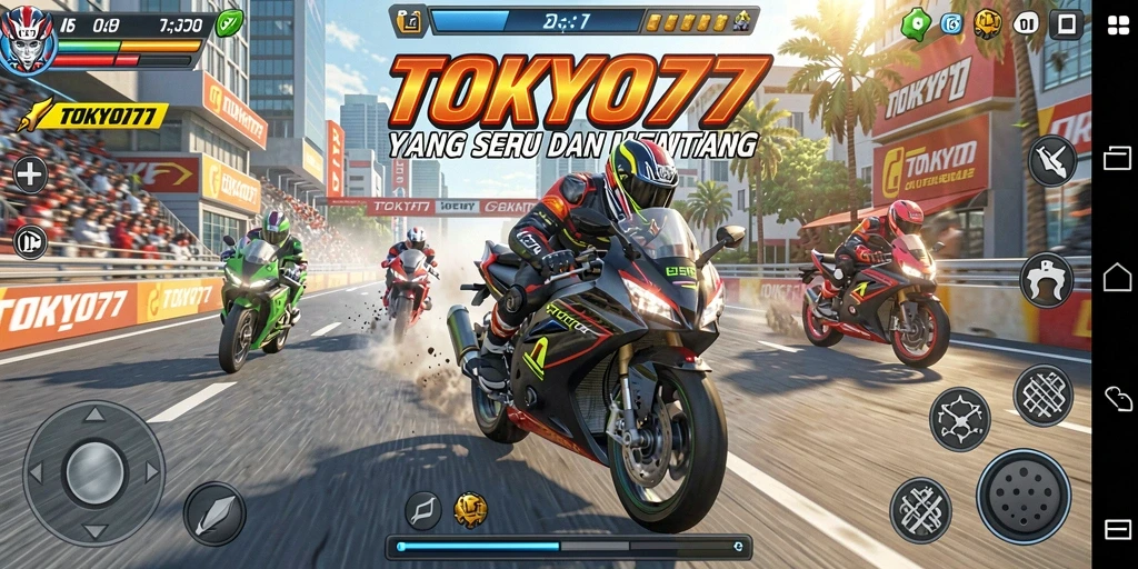 Gameplay mendebarkan dari balapan motor di TOKYO77.